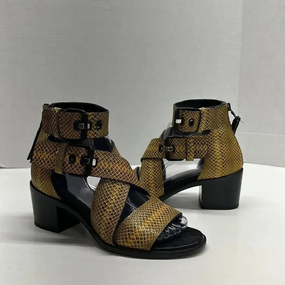 Rag and Bone Mari Sandals High Heels Heeled Shoes Snake Skin Yellow Size 37 US 7 - Picture 1 of 11